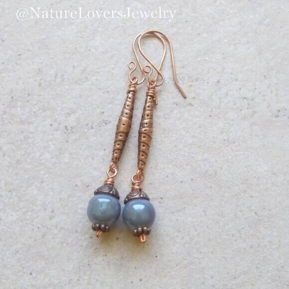 Handmade! Beautiful Denim Blue Beads & Copper Hardware - Unique Dangle Earrings - Picture 1 of 10